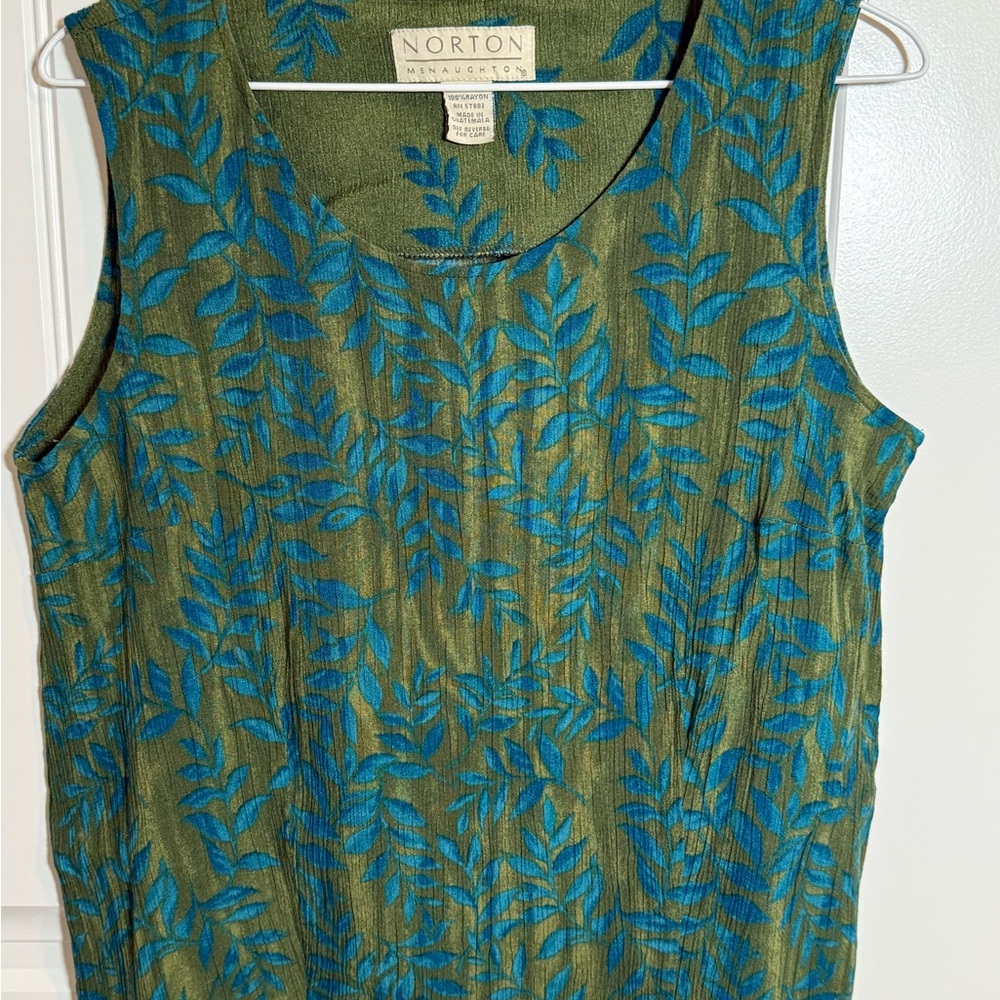 Vintage Norton McNaughton Olive and Teal Leaf Print sleeveless top
